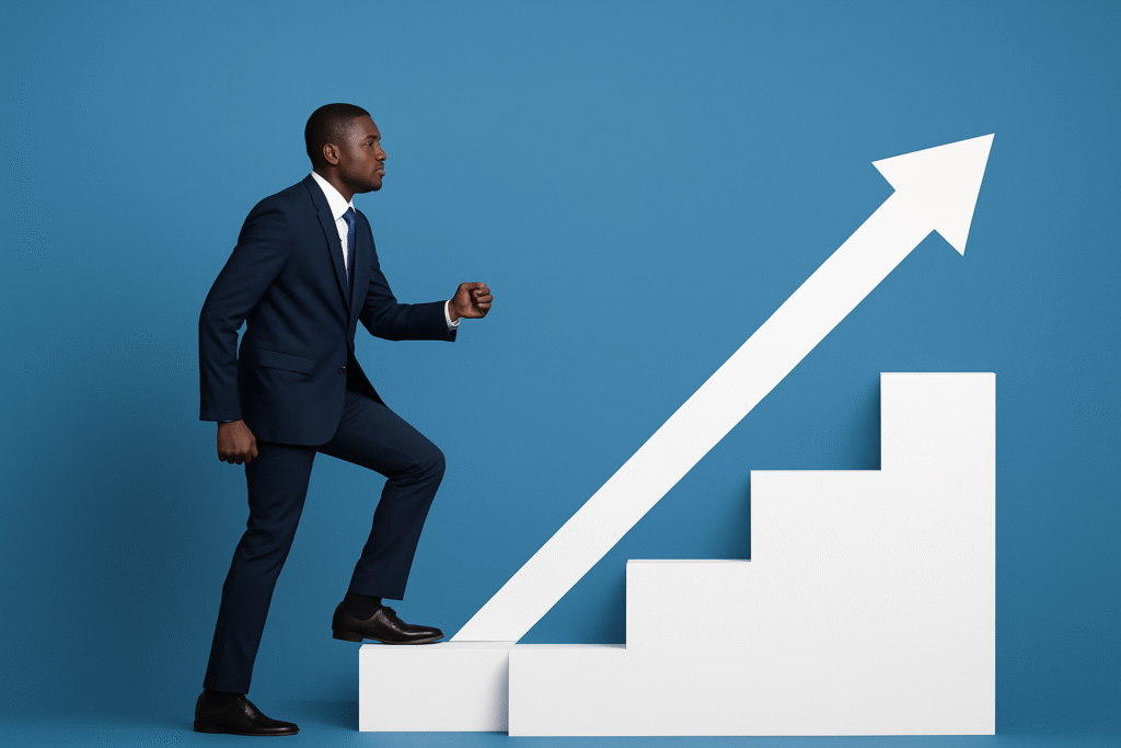 A professional African man standing outdoors in a modern urban office environment, looking confident and focused.