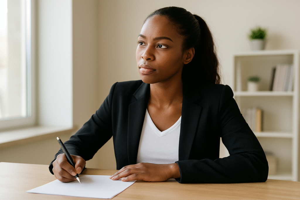 A professional African woman seated at a desk writing on paper in a bright modern office. She appears focused and prepared for an interview