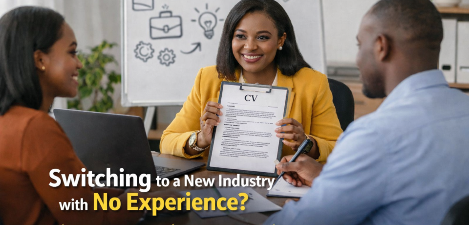 Career consultant presenting a CV to two professionals during a career transition discussion in a modern office setting.